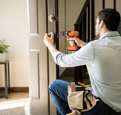 Handyman installing door hardware with a cordless drill on a timber door in a Melbourne home