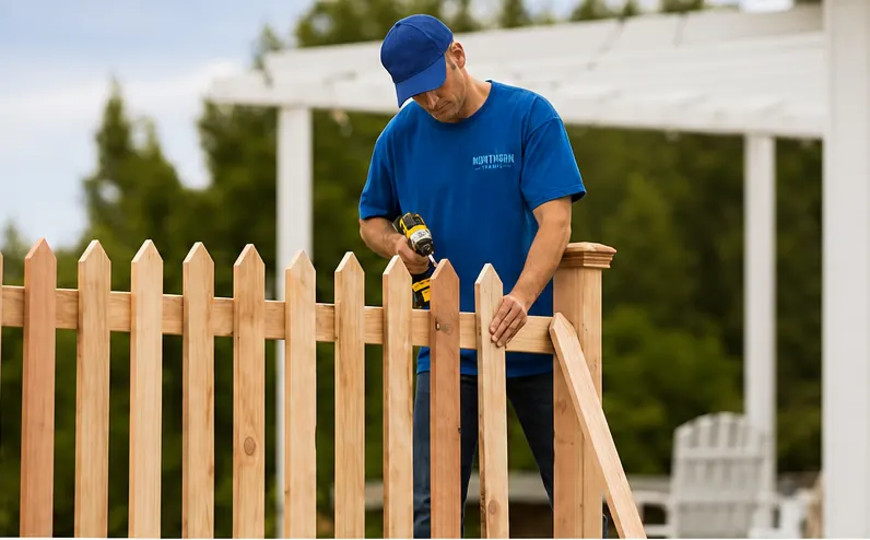 Northern Tradie tradesman installing a timber picket fence in Melbourne